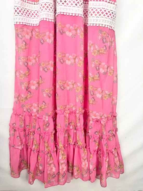 Whimsical Faeriesty Pink Floral Boho Style Maxi Dress with Lace Trim Size M - Picture 6 of 9